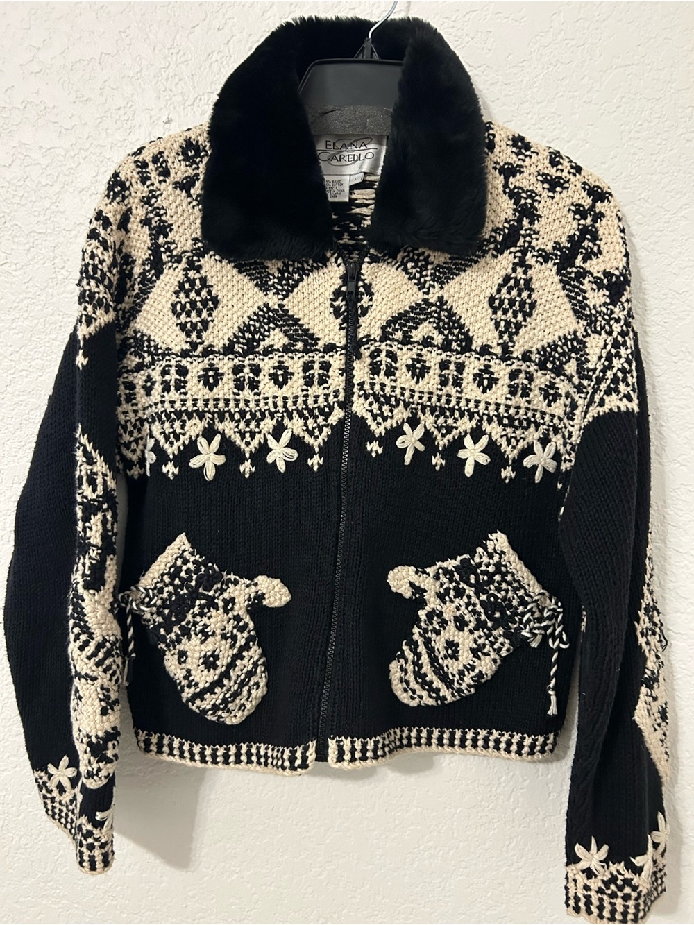 Vintage Elana Carello Knit Sweater Jacket L Black Cream Embroidered Cardigan